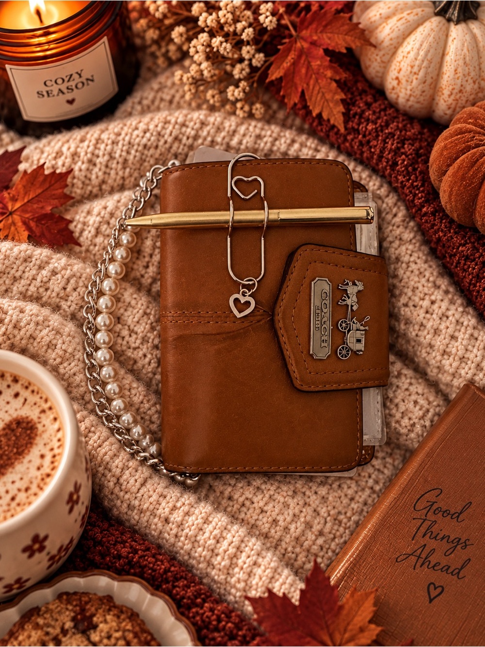 Coach Tan Leather Cardholder Wallet with Heart Charm